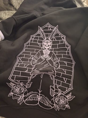 Customer photo review of Praying Rabbit Hoodie (Black/Lavender)