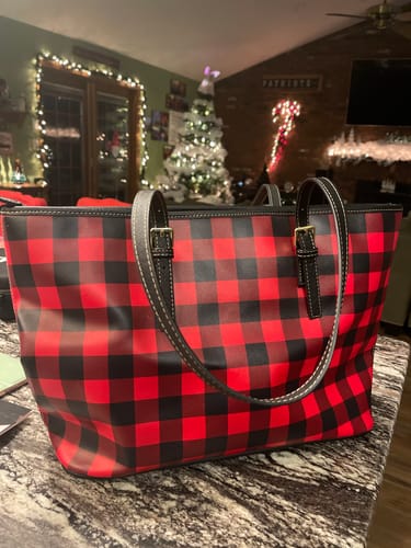 Customer photo review of Red Buffalo Plaid Tote Bag Purse, Black Check Checkered Print Handbag Vegan Leather Zip on Top Designer Handmade Shoulder Ladies Women
