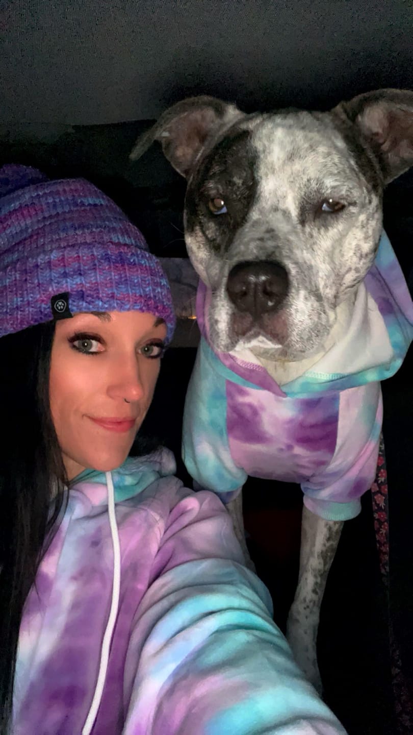 Customer photo review of Human Pompom Hat - Purple & Lavender