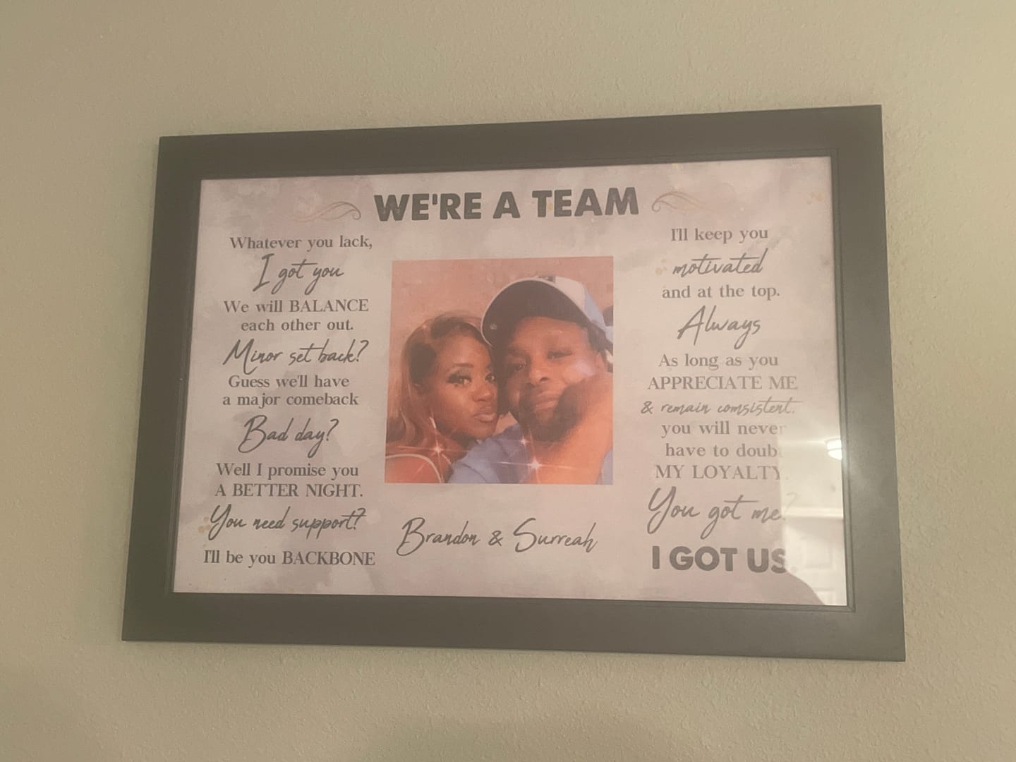 Customer photo review of We're A Team I Got Us Black African Couple - Personalized Wrapped Poster