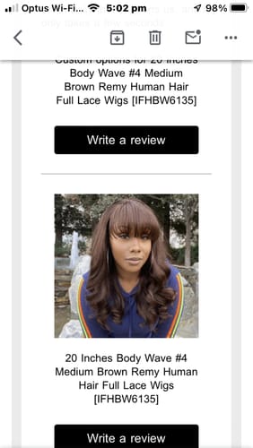 Customer photo review of Custom options for 20 Inches Body Wave #4 Medium Brown Remy Human Hair Full Lace Wigs [IFHBW6135]