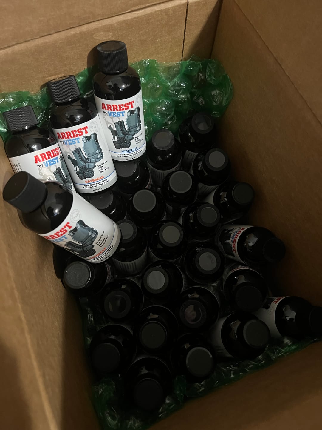 Customer photo review of 4 oz. Sampler Set: All 5 Arrest My Vest Fragrances + Unscented | Odor Eliminating Spray