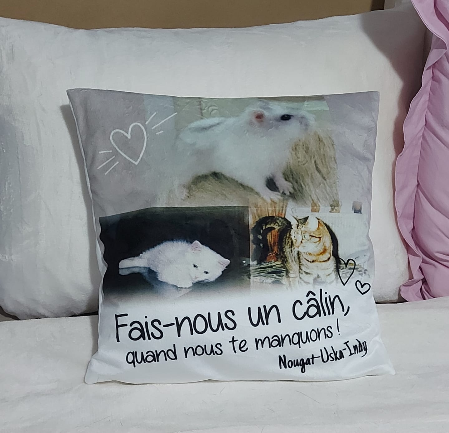 Customer photo review of Fais moi un câlin quand je te manque - Coussin personnalisé