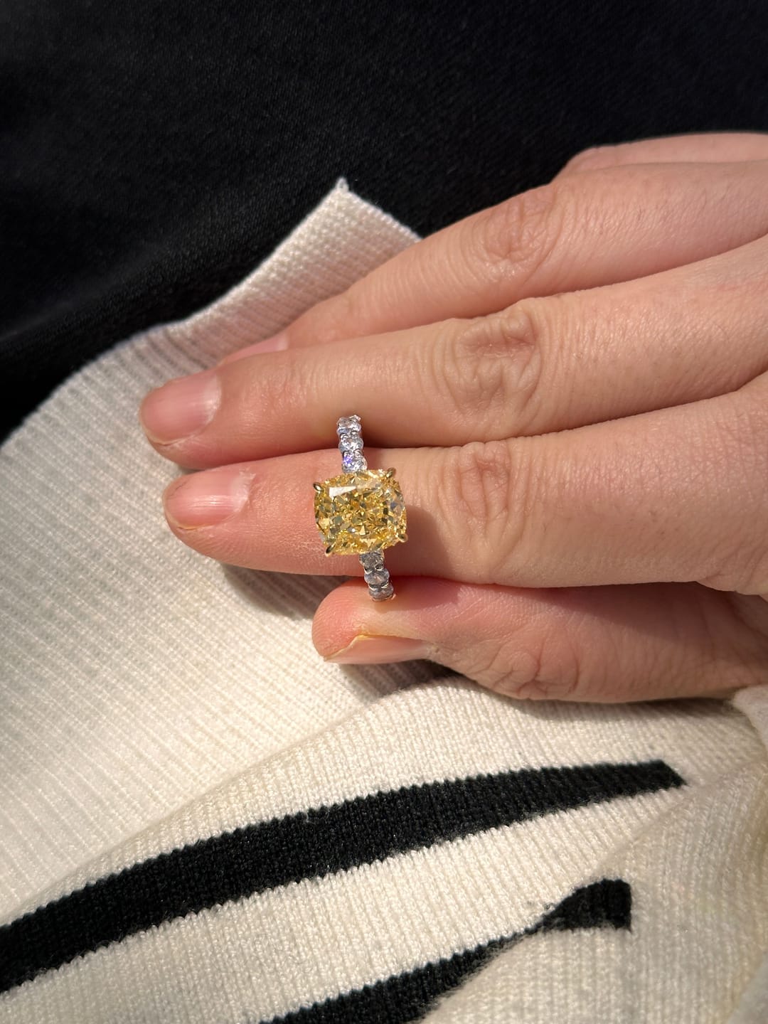 Customer photo review of Louily Stunning Two-tone Cushion Cut Yellow Sapphire Engagement Ring