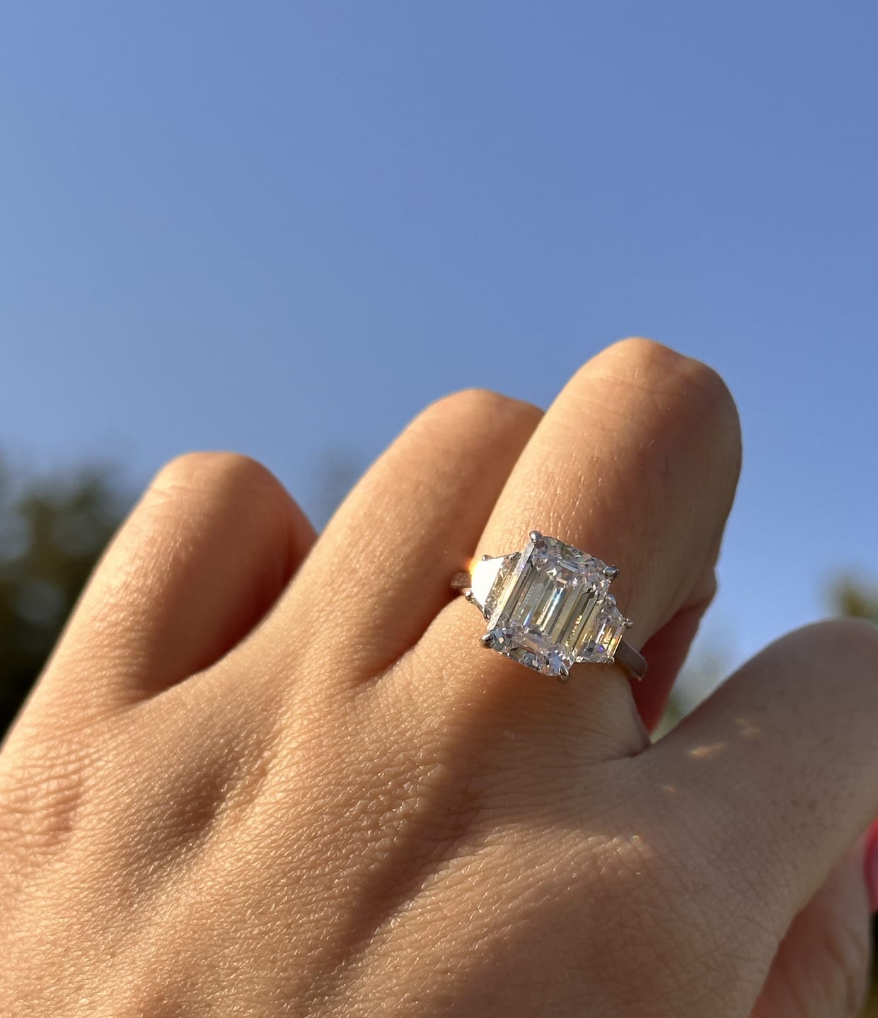 Customer photo review of S925 4.5 Carat Emerald Cut Three Stone Engagement Ring Anniversary Ring Gift