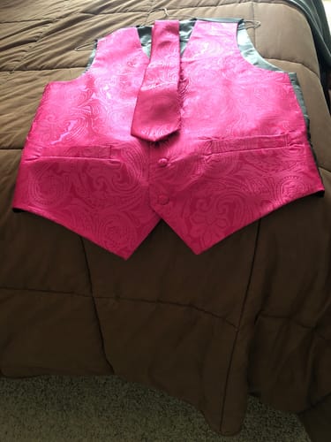 Customer photo review of DeepPink Floral Silk Men's Vest Hanky Cufflinks Tie Set