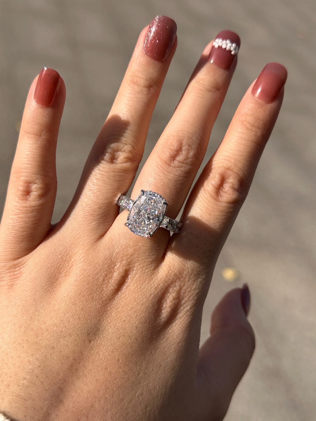 Customer photo review of Louily Gorgeous Elongated Crushed Ice Cushion Cut Engagement Ring