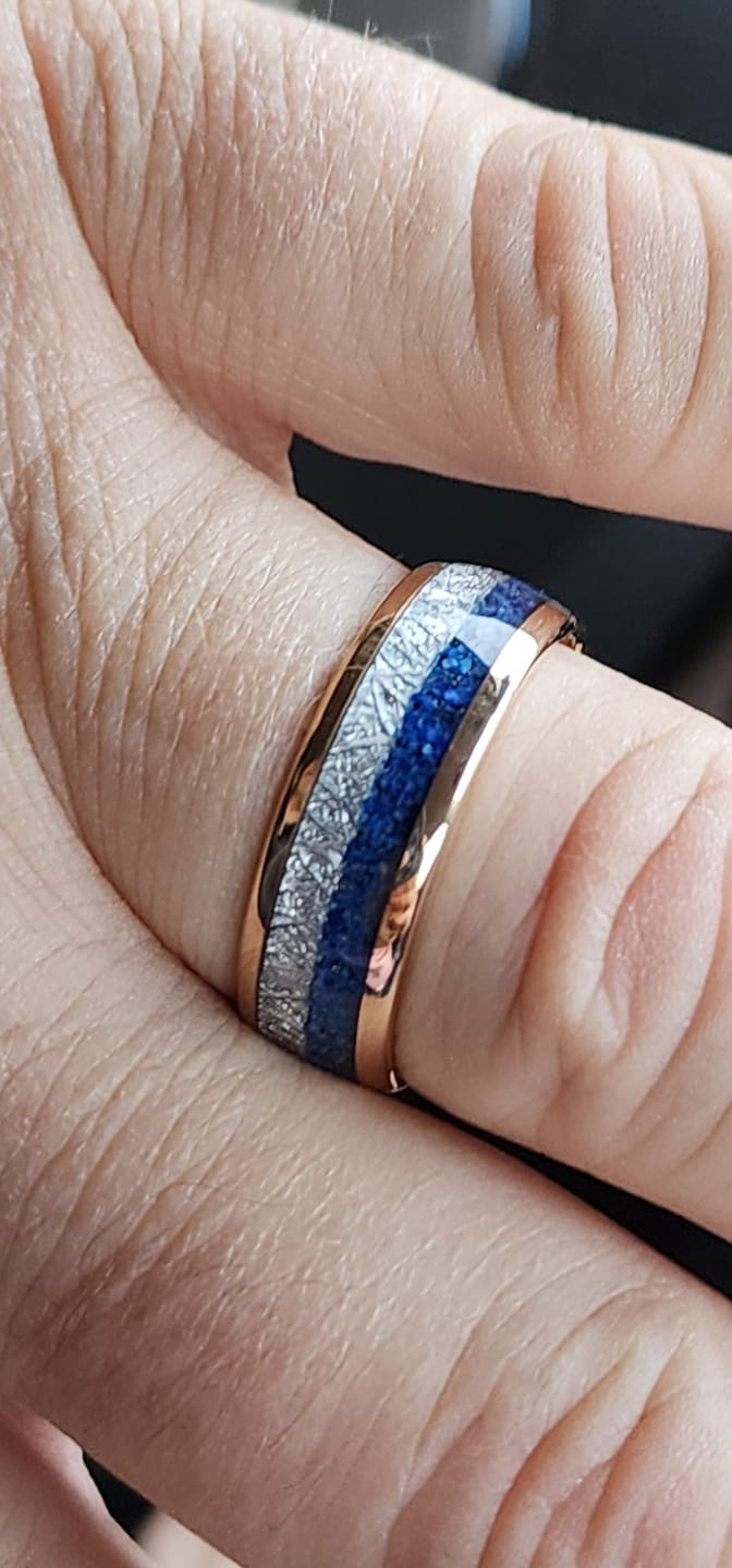 Customer photo review of 8mm- ROSE GOLD TUNGSTEN ARROW RING W/ BLUE LAPIS LAZULI, FAUX METEORITE,