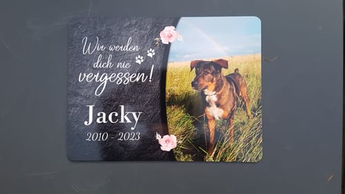 Customer photo review of Hunde Gedenktafel mit Foto & Spruch (UV- &  Wetterfest)