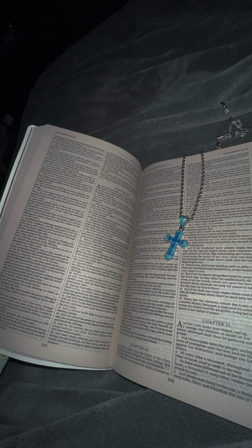 Customer photo review of BLUE CROSS PENDANT. - WHITE GOLD