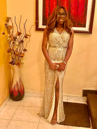 Customer photo review of Cap Sleeve Sequined High Slit Gown