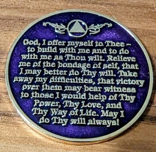 Customer photo review of 1 to 50 Year Sobriety Mint Twisted Tree of Life Gold Plated AA Recovery Medallion/Chip/Coin - Purple