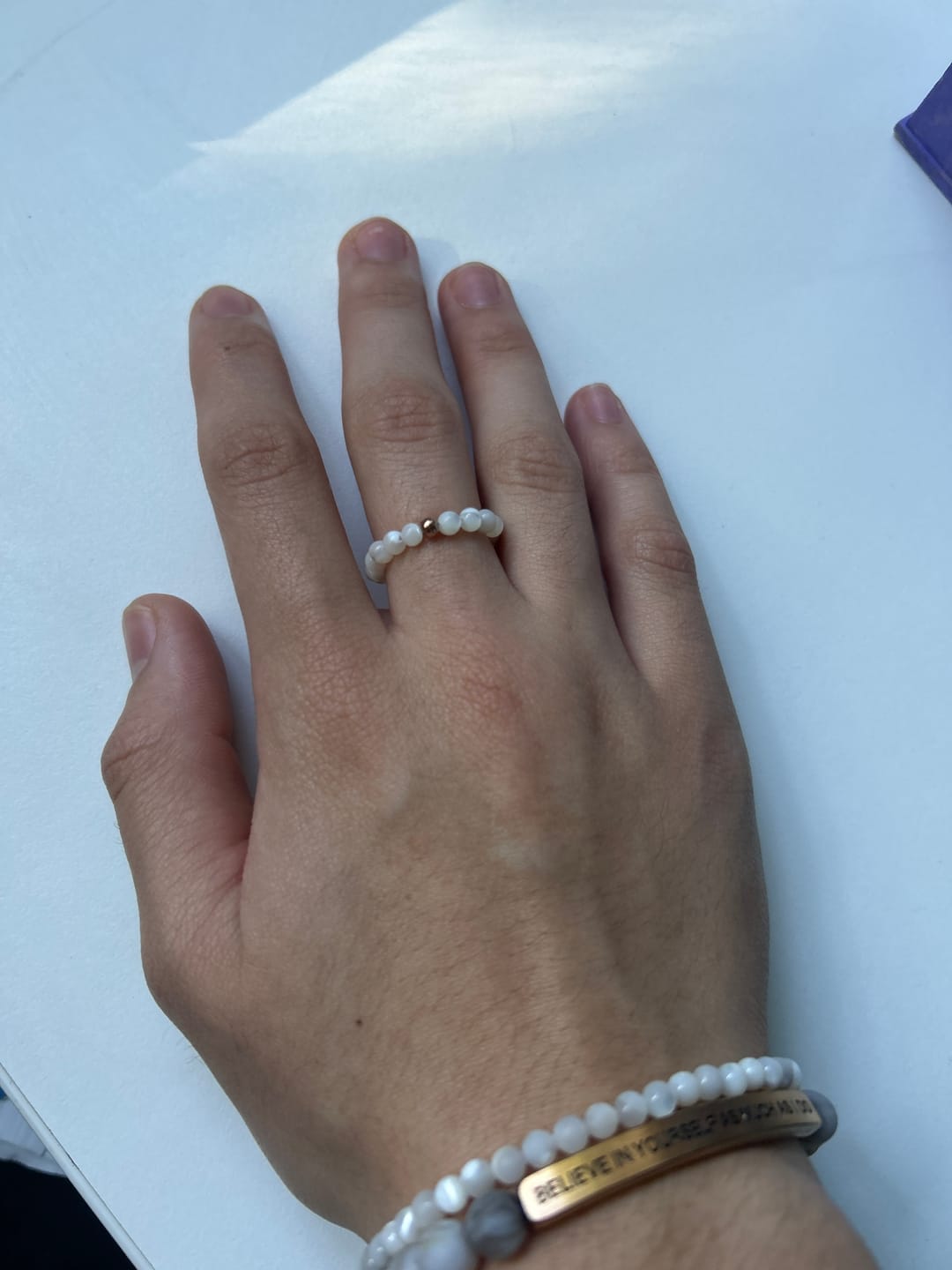 Customer photo review of EARTHSTONE STRETCH RING - MOTHER OF PEARL