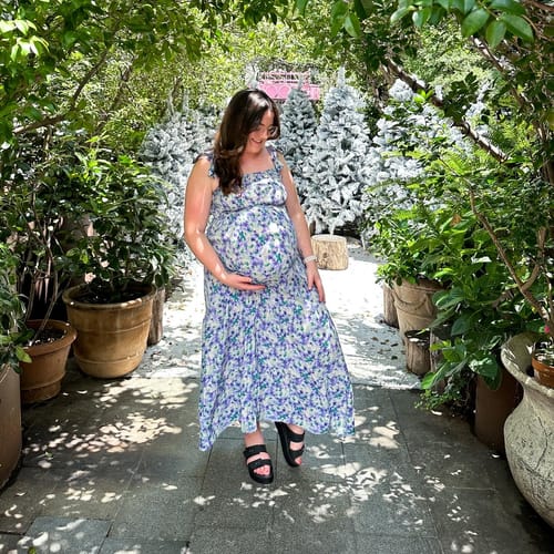 Customer photo review of Maternity Lilliana Purple Flora Maxi Dress