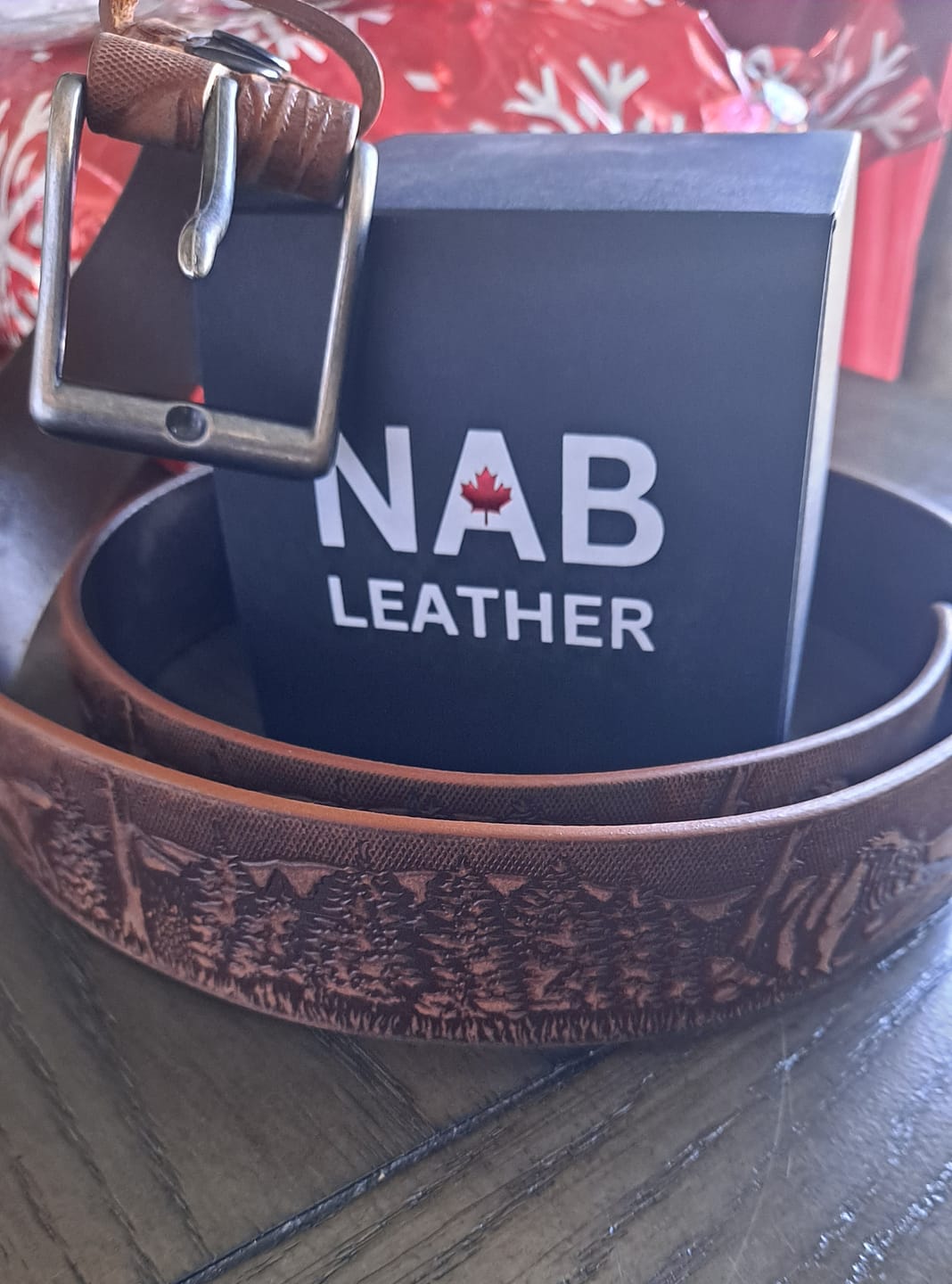 Customer photo review of The Wildlife Belt - Cognac Embossed Full Grain Leather Belt Made in Canada