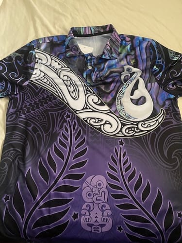 Customer photo review of New Zealand Maori Polo Shirt Manaia Paua Shell Glitter Purple LT4