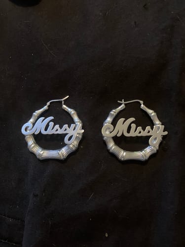 Customer photo review of Bamboo Cursive Name Earrings