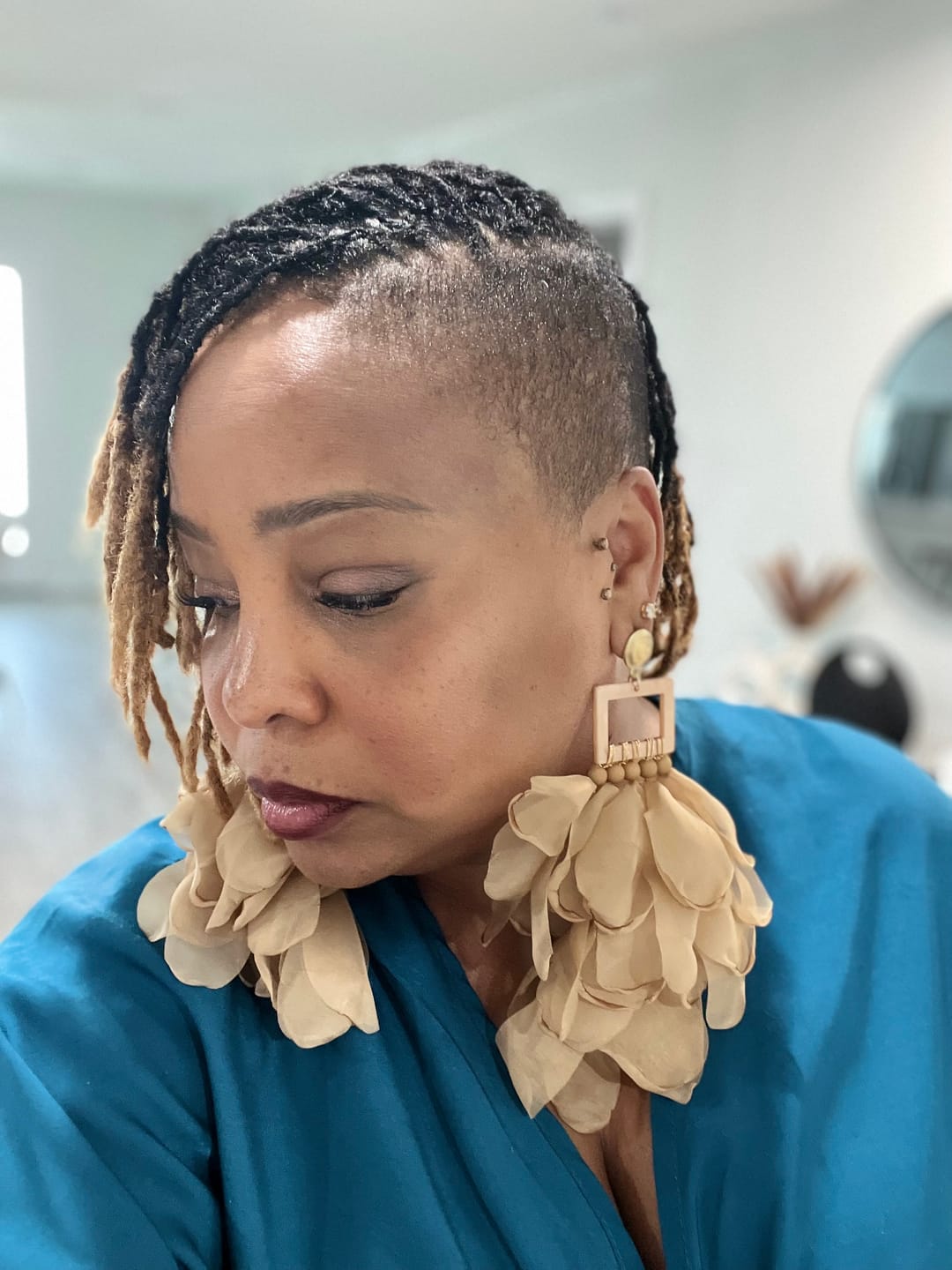 Customer photo review of Nonso Square top flower petal earrings