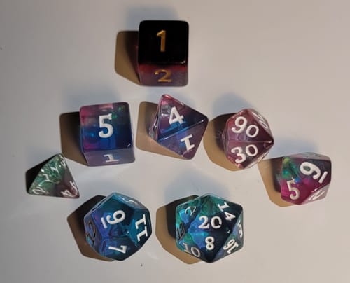 Customer photo review of Sakura Sunset | Purple Resin RPG Dice Set