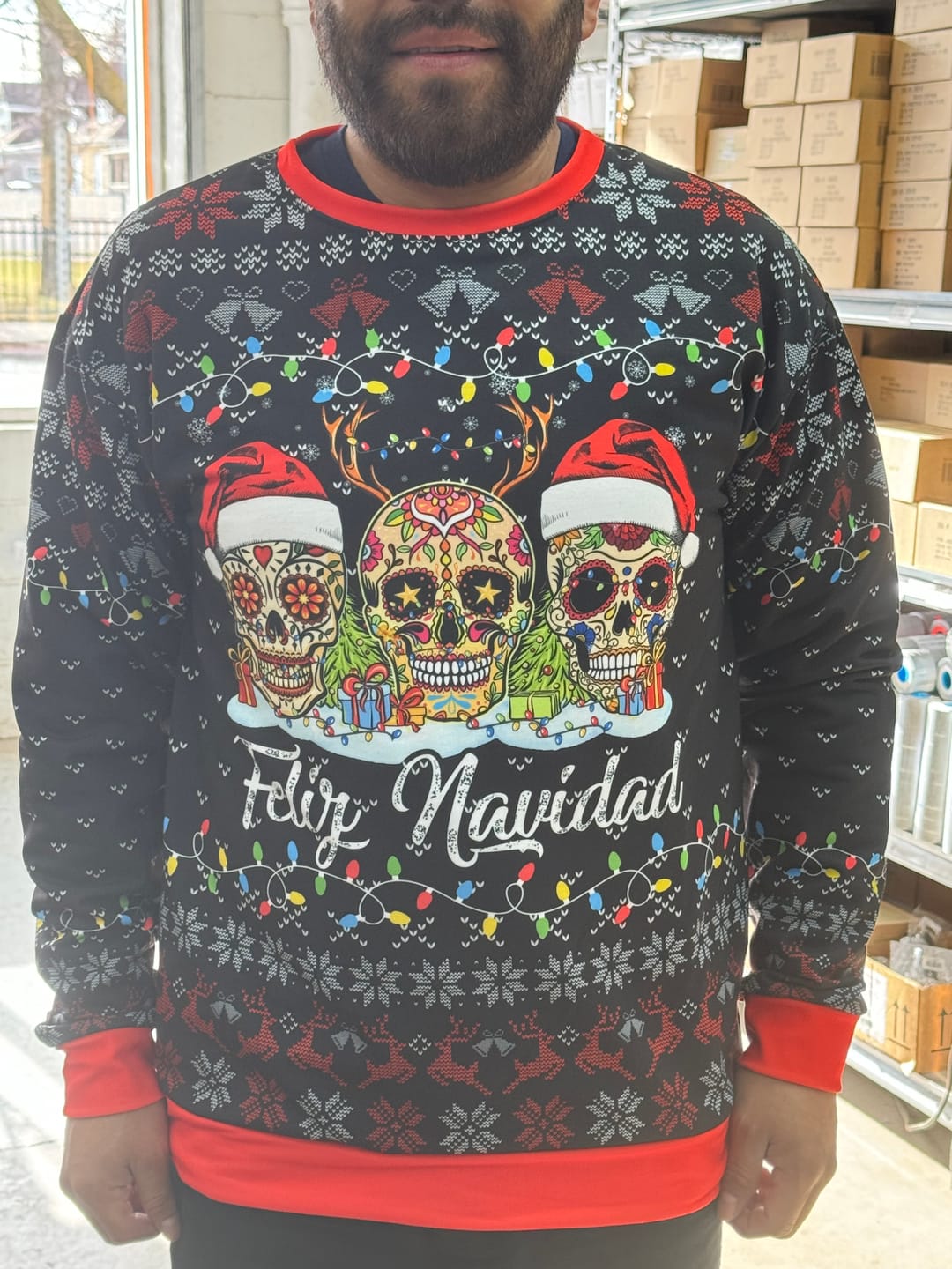 Customer photo review of Feliz Navidad Sugar Skull Unisex Christmas Sweatshirt