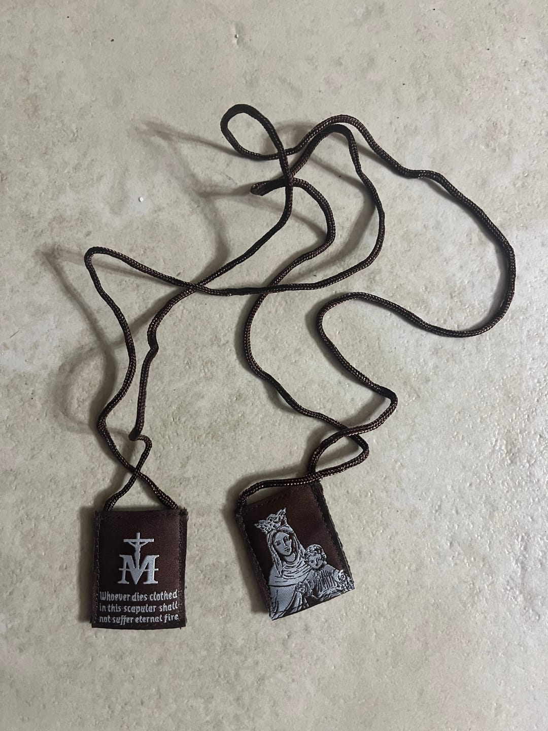 Customer photo review of Premium Brown Scapular, Brown & Cream, Our Lady of Mt. Carmel with Promise