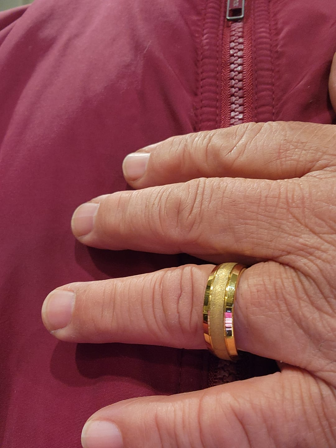 Customer photo review of 8mm 18k Gold Tungsten Wedding Band Sandblasted Center Double Groove Ring