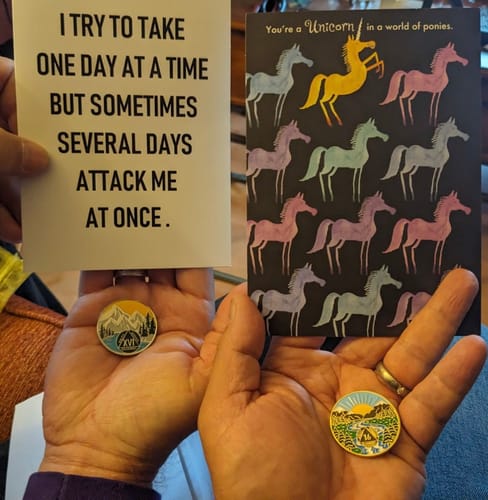 Customer photo review of 1 to 65 Year Sobriety Mint Winding River Gold Plated AA Recovery Medallion/Chip/Coin