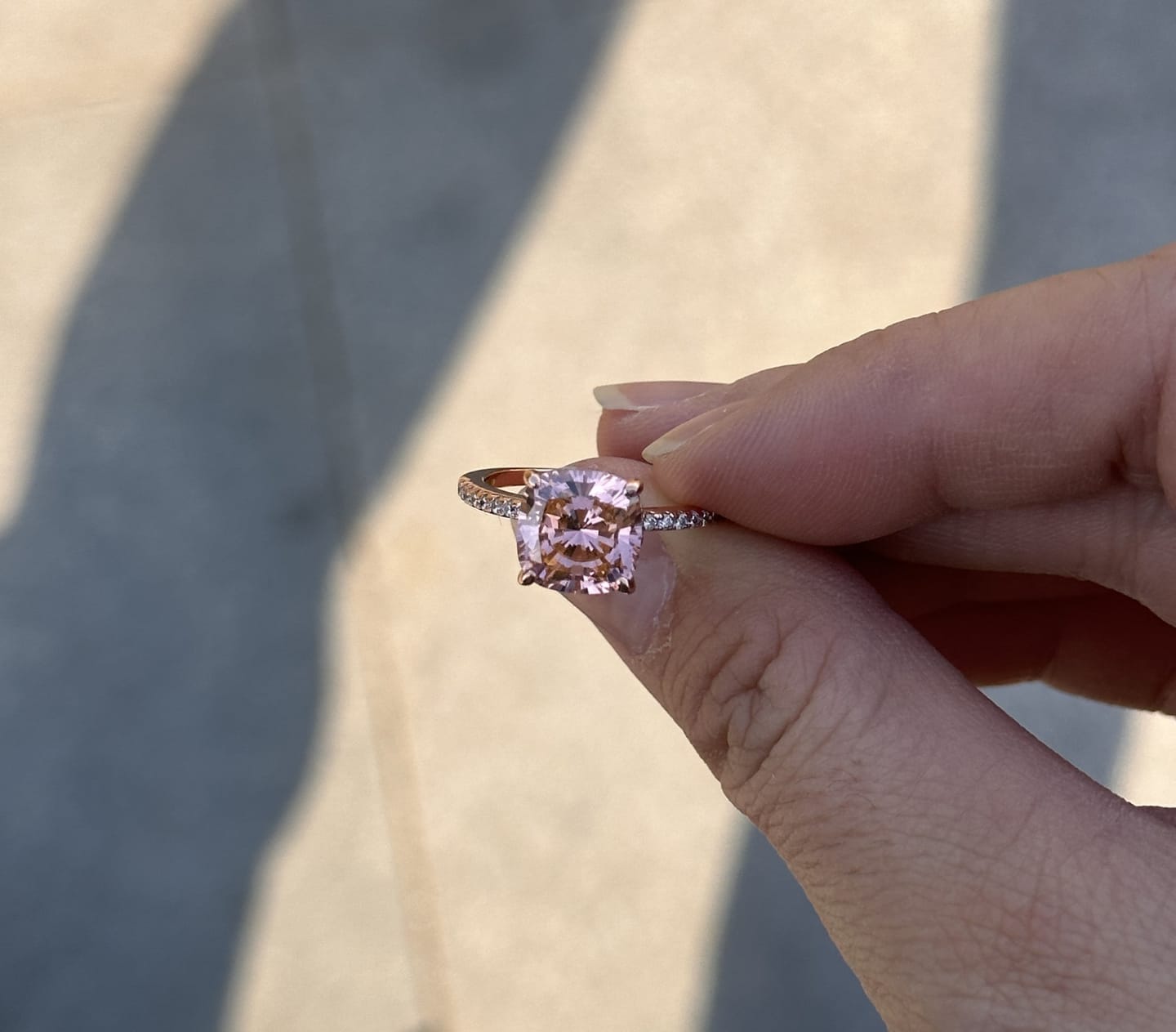 Customer photo review of Louily 3.5Ct Rose Gold Solitaire Cushion Cut Engagement Ring with Double Hidden Halo