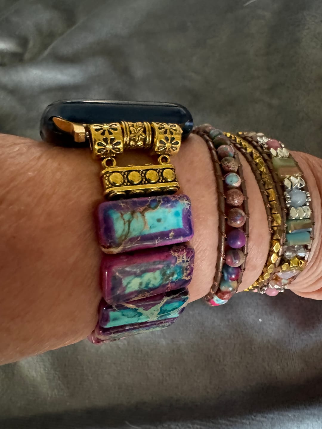 Customer photo review of Majestic Tibetan Jasper Stretch Apple Watch Strap