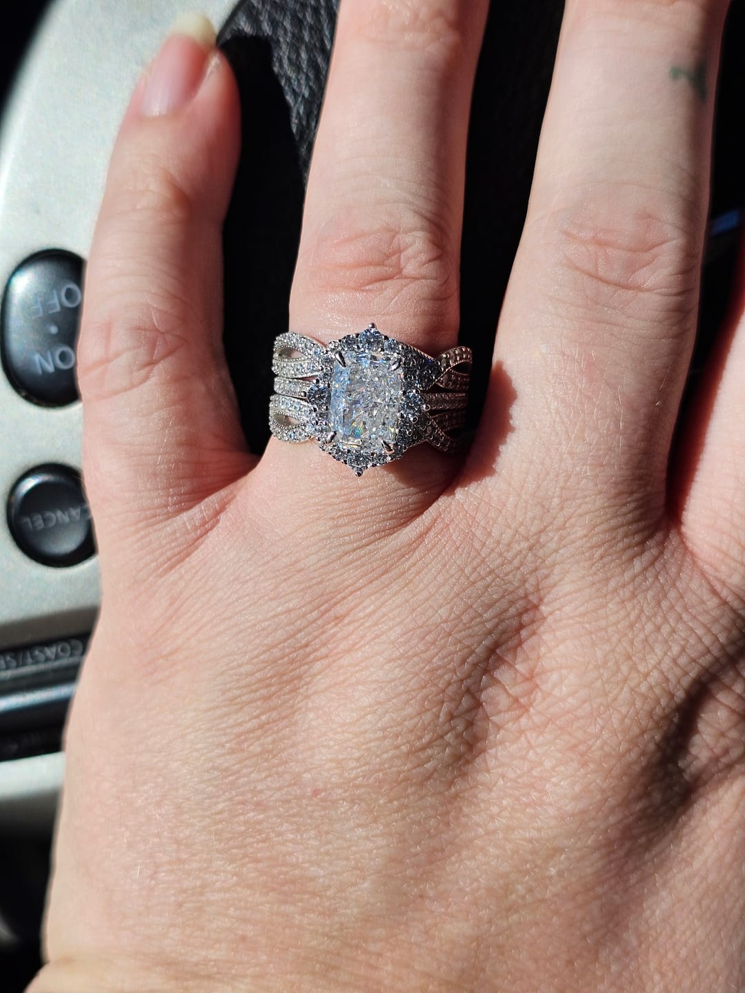 Customer photo review of S925 3.0Ct Radiant Cut Black Stone/White Stone Halo Insert Wedding Ring Set For Women In Sterling Silver