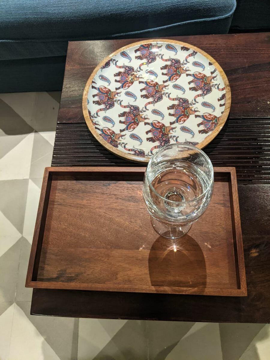 Customer photo review of Serving Tray with Metal Stand from Mahogany Collection (Large)