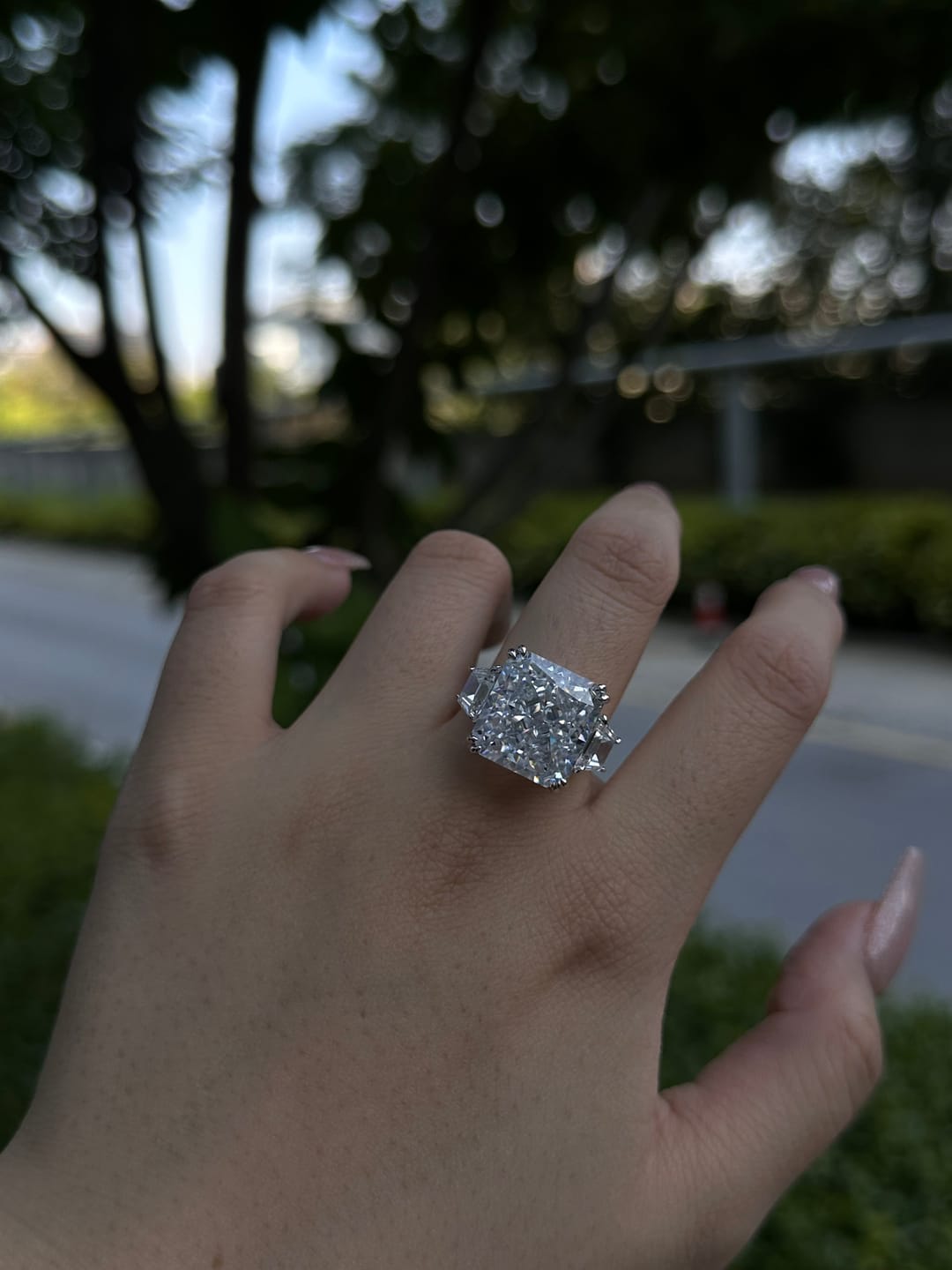 Customer photo review of S925 6.5/12.0 Ct Radiant Cut Crushed Ice Simulated Diamond Three-Stone Engagement Travel Ring