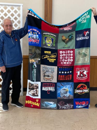 T-shirt quilt with baseball, travel themes by Joe from CA