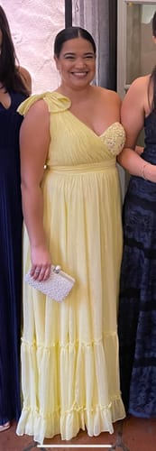 Customer photo review of Embellished Soft Tie One Shoulder Ruffle Gown