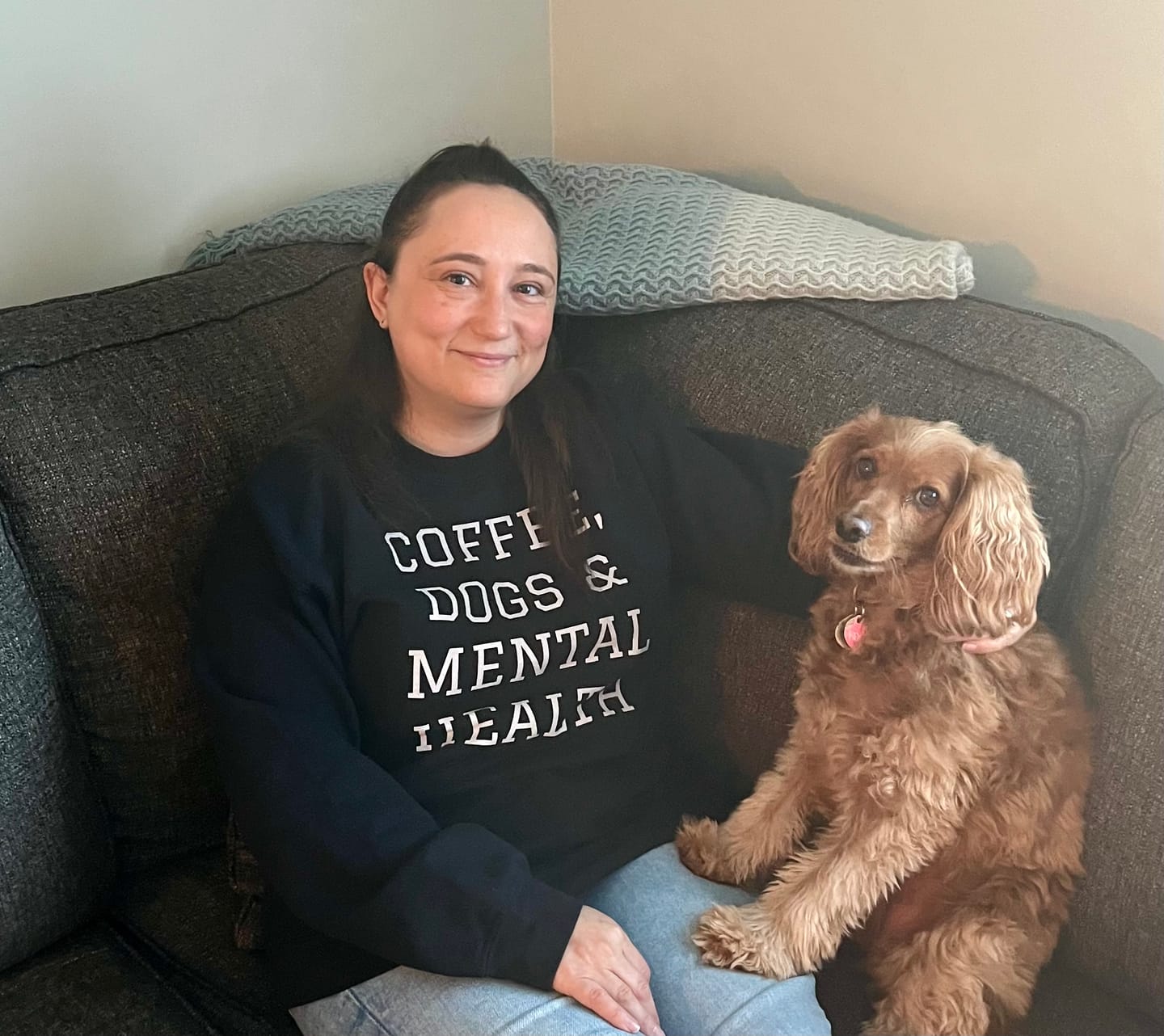 Customer photo review of Coffee, Dogs & Mental Health Sweatshirt