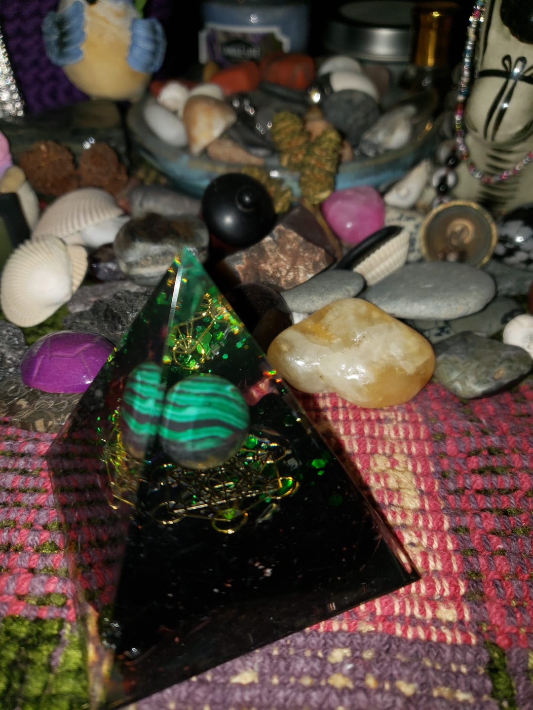 Customer photo review of Triple Serenity Malachite & Obsidian Orgone Pyramid