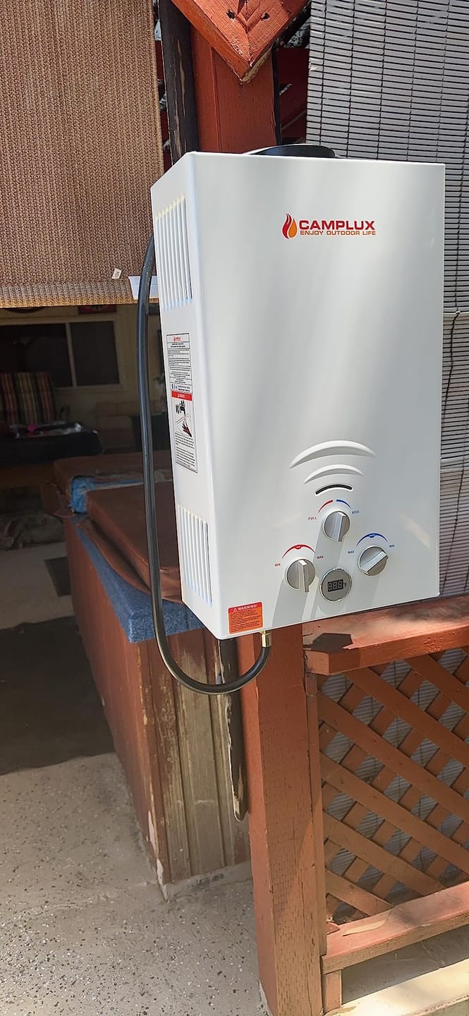 Customer photo review of Propane Portable Tankless Water Heater Outdoor, Camplux 2.64 GPM Instant Hot Camping Showers with 3.3 GPM Water Pump & Pipe Strainer