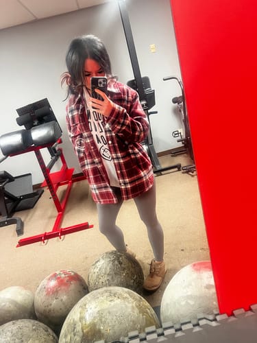 Customer photo review of Salty Savage “Spliced Smile” Oversized Flannel Jacket | Plaid Burgundy