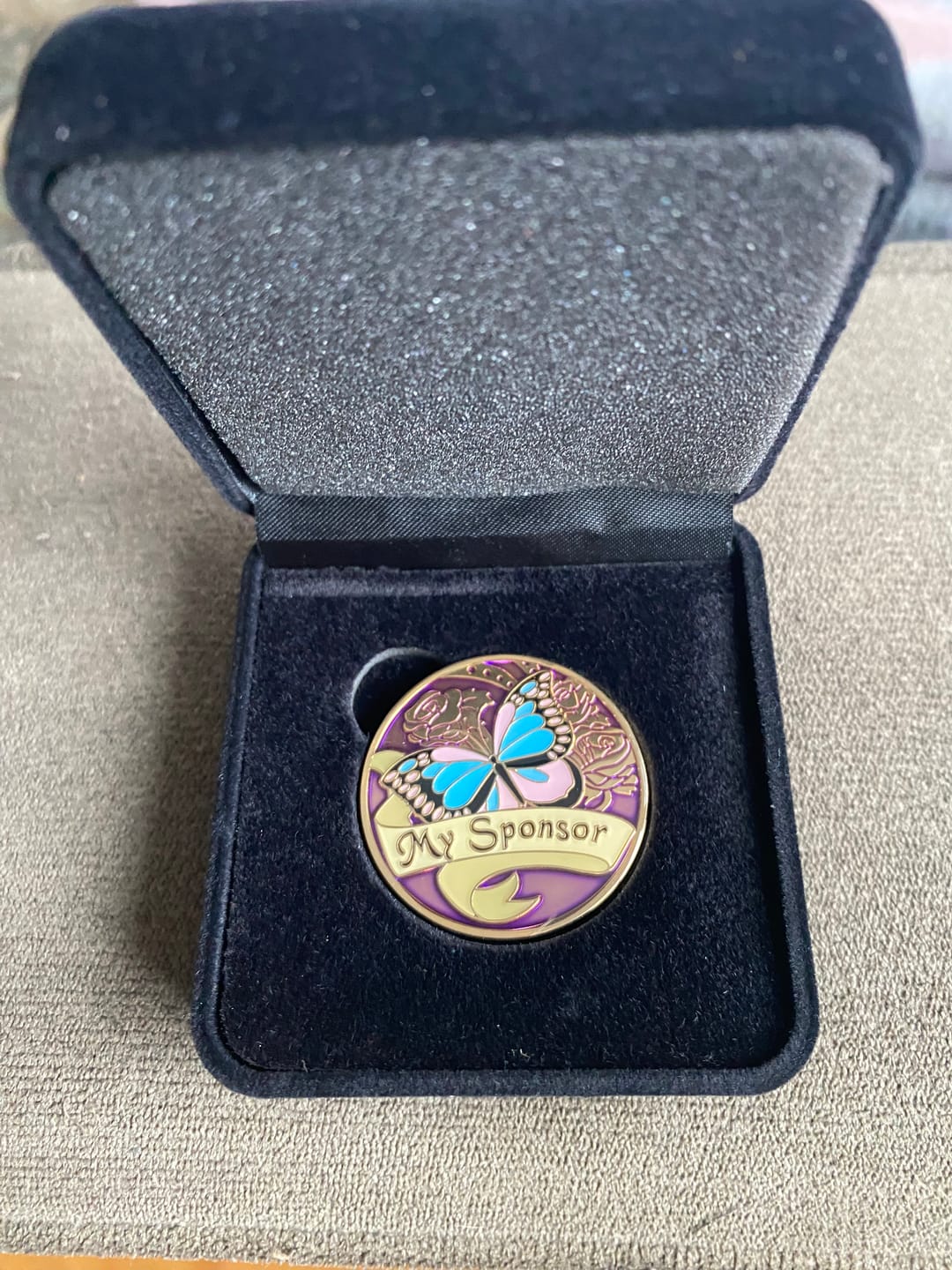 Customer photo review of My Sponsor Specialty Women's AA/NA Butterfly Medallion - Purple/Gold