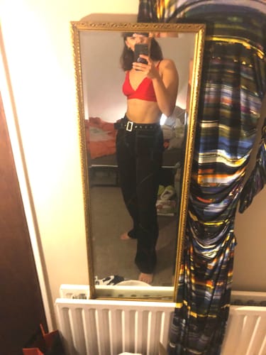 Customer photo review of Stitch belt irregular contrast low rise wide leg jeans y2k 90s Revival Techno Fashion