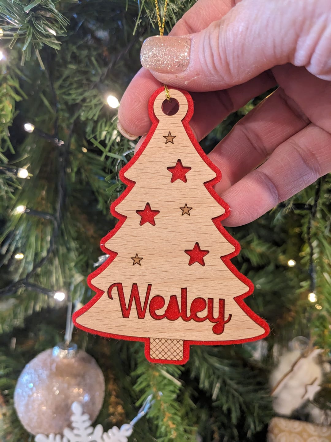 Customer photo review of Personalised Felt and Wood Christmas Ornaments