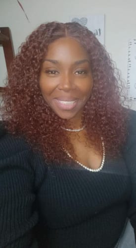 Customer photo review of Luvwin Reddish Brown Pre-Cut Glueless Lace Wig Wear and Go Kinky Curly 100%Human Hair