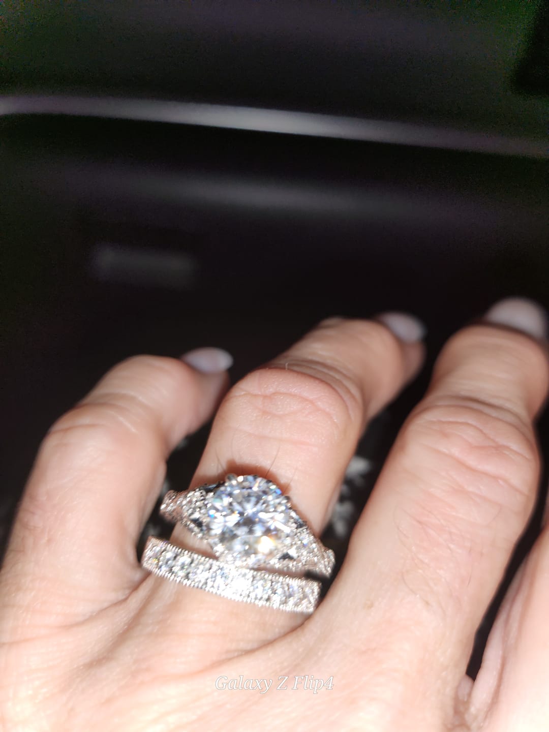 Customer photo review of Vintage Moissanite Sterling Silver Wedding Band Stackable Ring