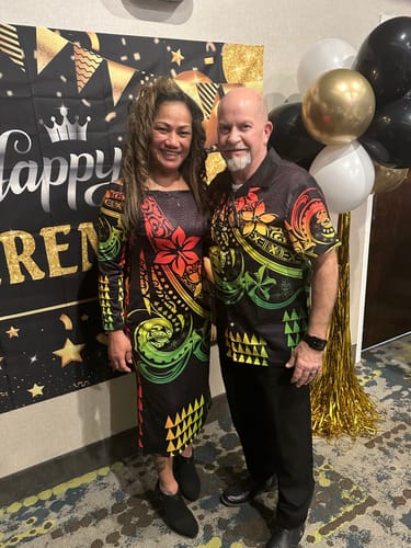 Customer photo review of Kakau Hawaiian Polynesian Couples Matching Outfits Combo Long Sleeve Dress And Hawaiian Shirt Reggage LT6