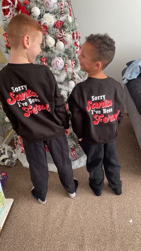 Customer photo review of Sorry Santa, I've Been Feral Sweatshirts