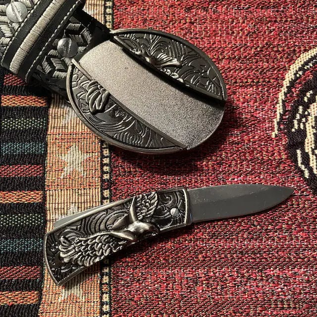Customer photo review of Men's DIY Soaring Eagle Hidden Folding Knife Leather Belt