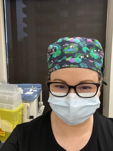 Customer photo review of Peanuts — Aloha Disco Scrub Cap
