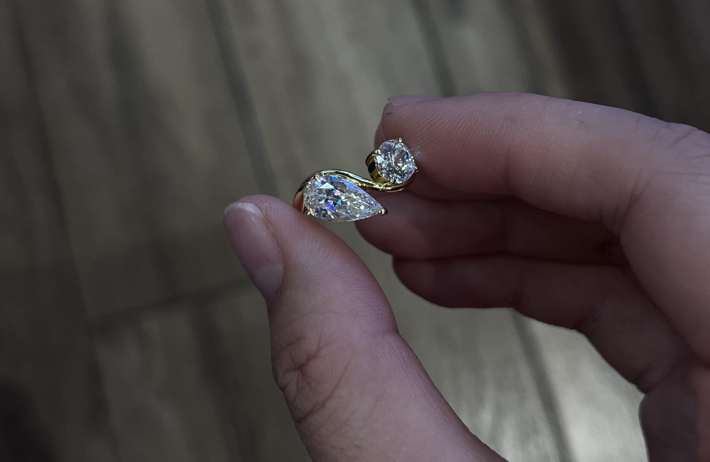 Customer photo review of Louily Unique Double Stones Design Pear & Round Cut Engagement Ring In Sterling Silver