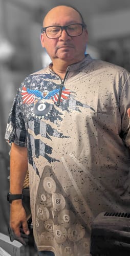 Customer photo review of Maxcorners Eagle Retro American Flag Billiard Custom Name Zipper Polo Shirt