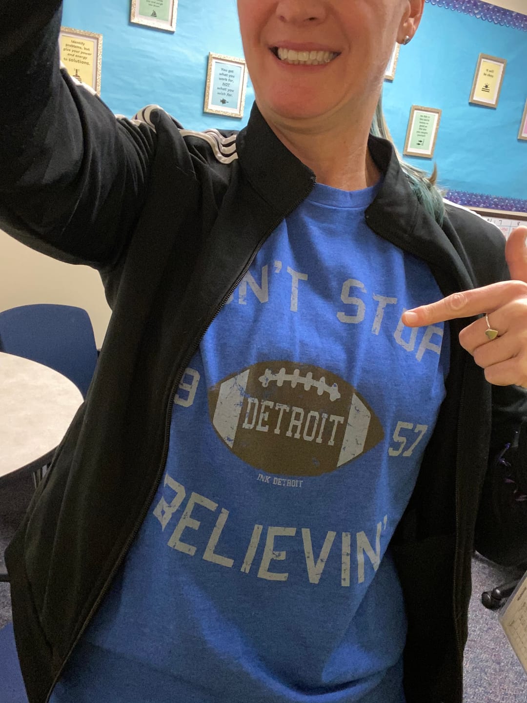 Customer photo review of Ink Detroit Don't Stop Believin’ 1957 T-Shirt - Royal Blue